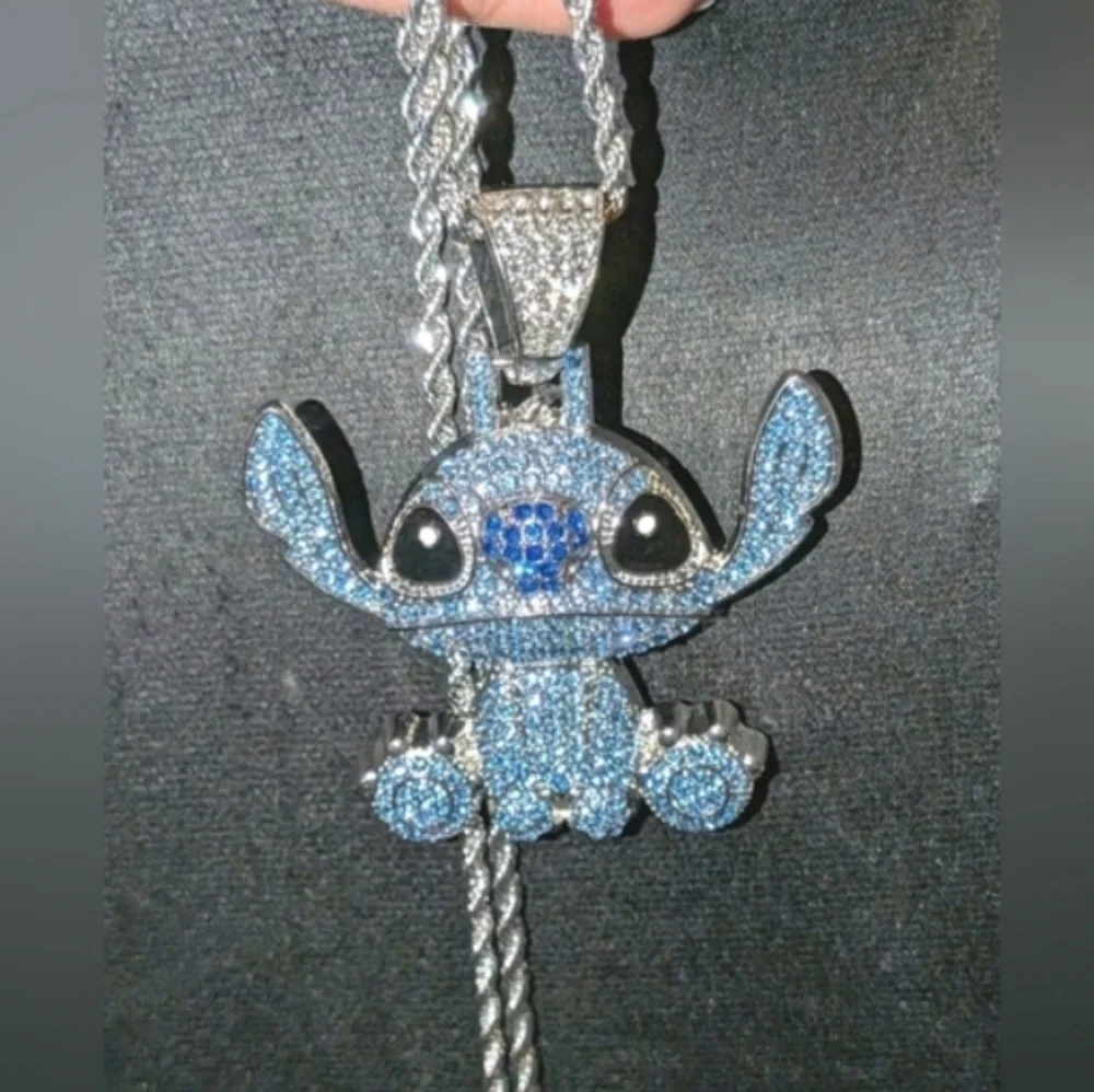 Stitch Character Rhinestone Pendant On Silver Tone Hip Hop Necklace 24
